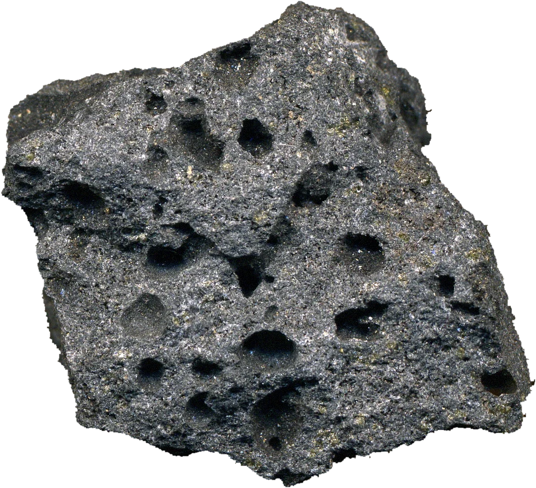 A dark volcanic basalt specimen, suspended above a fine circular outline